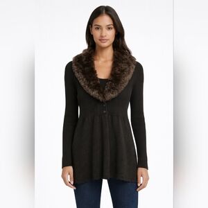 DKNY Black Faux Fur Trim Sweater Cardigan | Size S | Luxe Cozy Chic NWT